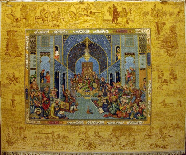تابلو فرش شاهنامه (فردوسی در بارگاه سلطان محمود) اثر استاد رسام عربزاده