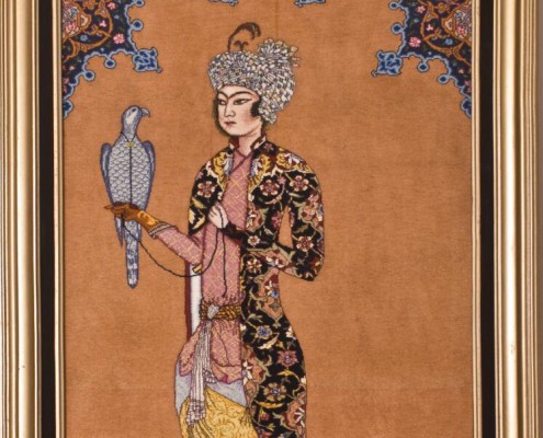 Prince with Falcon at Hunt Carpet Panel Crated by Rasam Arabzadeh in Rasam Carpet Museum