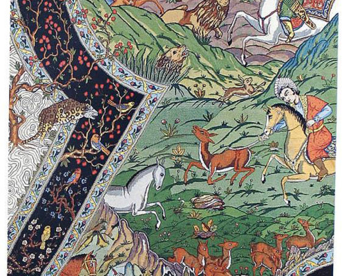 تابلو فرش شکارگاه اثر استاد رسام عربزاده در موزه رسام